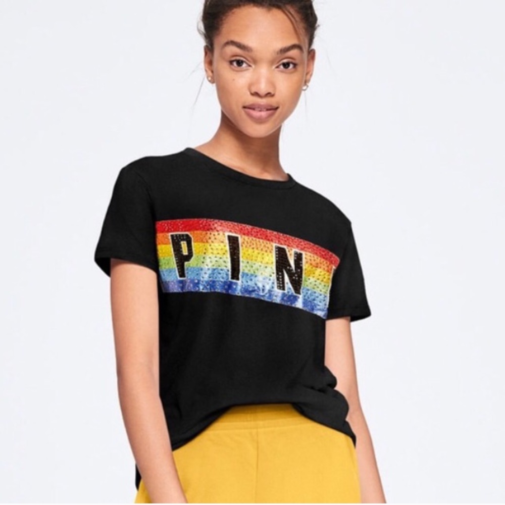 VS Pink Rainbow Bling Campus Tee Size XS D18